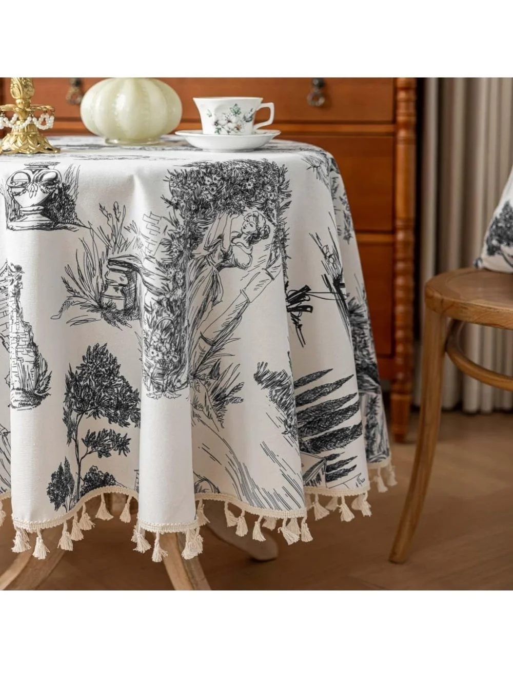 Classic Black & White Toile Tassel Tablecloth - Home Dining